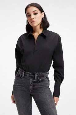 GOOD AMERICAN Bodysuits ZIP FRONT POPLIN BODYSUIT | BLACK001