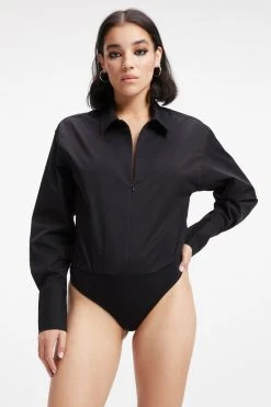 GOOD AMERICAN Bodysuits ZIP FRONT POPLIN BODYSUIT | BLACK001