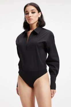 GOOD AMERICAN Bodysuits ZIP FRONT POPLIN BODYSUIT | BLACK001