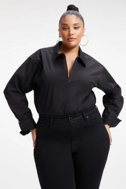 GOOD AMERICAN Bodysuits ZIP FRONT POPLIN BODYSUIT | BLACK001