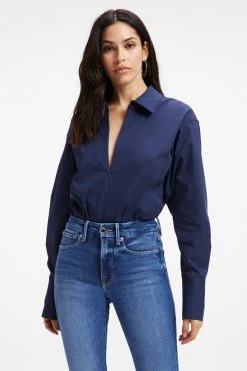 GOOD AMERICAN ZIP FRONT POPLIN BODYSUIT | NAVY001