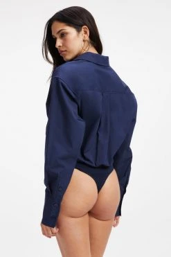 GOOD AMERICAN ZIP FRONT POPLIN BODYSUIT | NAVY001