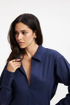 GOOD AMERICAN ZIP FRONT POPLIN BODYSUIT | NAVY001