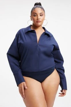 GOOD AMERICAN ZIP FRONT POPLIN BODYSUIT | NAVY001
