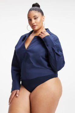 GOOD AMERICAN ZIP FRONT POPLIN BODYSUIT | NAVY001