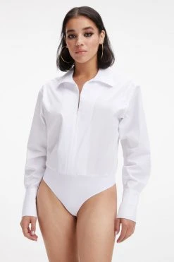 GOOD AMERICAN Bodysuits ZIP FRONT POPLIN BODYSUIT | WHITE001
