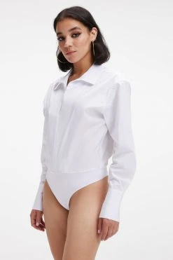 GOOD AMERICAN Bodysuits ZIP FRONT POPLIN BODYSUIT | WHITE001