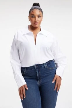 GOOD AMERICAN Bodysuits ZIP FRONT POPLIN BODYSUIT | WHITE001