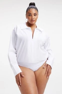 GOOD AMERICAN Bodysuits ZIP FRONT POPLIN BODYSUIT | WHITE001