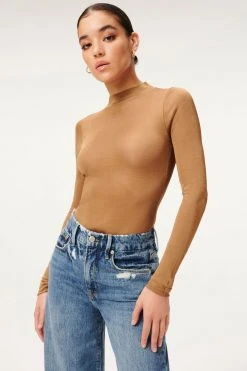 GA-SALE MOCK NECK SHEER BODY | PALE GOLD001 Bodysuits