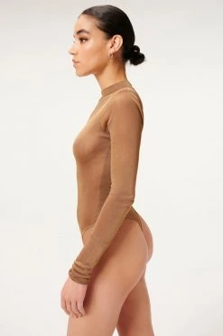 GA-SALE MOCK NECK SHEER BODY | PALE GOLD001 Bodysuits
