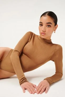 GA-SALE MOCK NECK SHEER BODY | PALE GOLD001 Bodysuits
