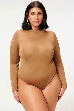 GA-SALE MOCK NECK SHEER BODY | PALE GOLD001 Bodysuits