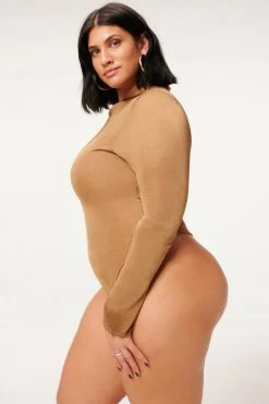 GA-SALE MOCK NECK SHEER BODY | PALE GOLD001 Bodysuits