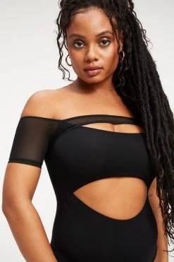 GOOD AMERICAN OFF SHOULDER CUT BODYSUIT | BLACK001