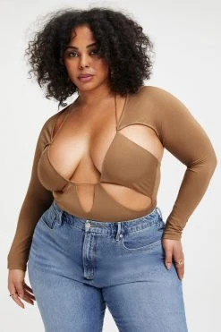 GOOD AMERICAN GOOD TOUCH CUT EXTREME BODYSUIT | PECAN001 Bodysuits