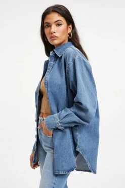 GOOD AMERICAN Sustainable Denim BOYFRIEND DENIM SHIRT | INDIGO173