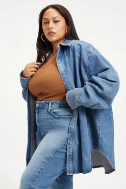 GOOD AMERICAN Sustainable Denim BOYFRIEND DENIM SHIRT | INDIGO173