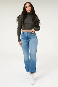GOOD AMERICAN High Waisted GOOD CURVE STRAIGHT NATURAL FRAY HEM | BLUE858