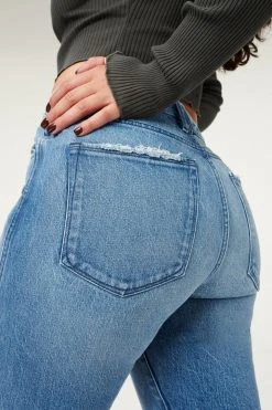 GOOD AMERICAN High Waisted GOOD CURVE STRAIGHT NATURAL FRAY HEM | BLUE858