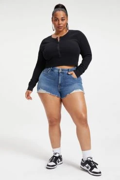 GOOD AMERICAN High Waisted CUT OFF SHORT | INDIGO048