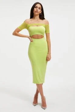 GOOD AMERICAN OFF SHOULDER CUT DRESS | KEY LIME001