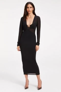 GOOD AMERICAN '90S EXTREME SHEER PLUNGE DRESS | BLACK001 Good '90s
