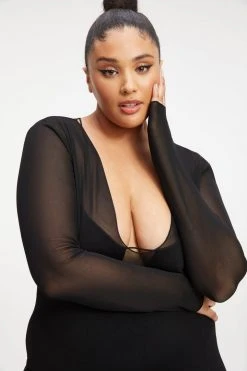 Hot Sale 😀 GOOD AMERICAN '90S EXTREME SHEER PLUNGE 🎁 DRESS | BLACK001 Good '90s ⌛ 18 GOOD AMERICAN '90S EXTREME SHEER PLUNGE DRESS | BLACK001 Good '90s