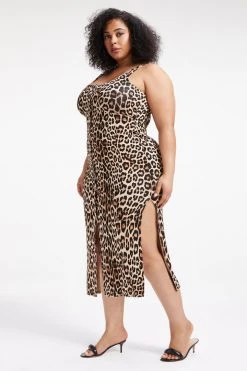 GOOD AMERICAN GOOD TOUCH BUTTON FRONT MIDI | GOOD LEOPARD003 Dresses