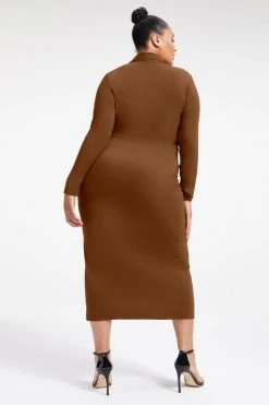 GOOD AMERICAN GOOD TOUCH BUTTON FRONT MIDI | BURNT CARAMEL002 Dresses