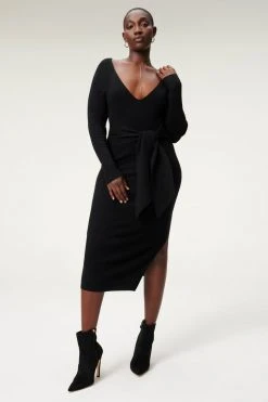 GA-SALE Dresses LS BELTED BODY DRESS | BLACK001