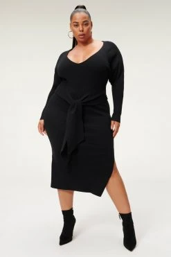 GA-SALE Dresses LS BELTED BODY DRESS | BLACK001