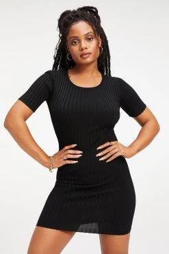 GOOD AMERICAN RIBBED OPEN BACK TEE DRESS | BLACK001