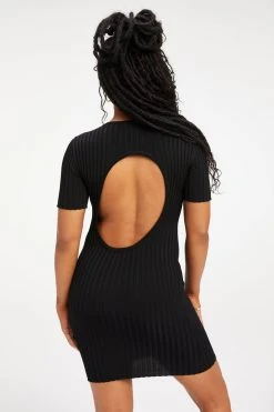 GOOD AMERICAN RIBBED OPEN BACK TEE DRESS | BLACK001