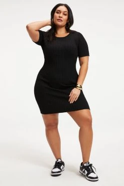 GOOD AMERICAN RIBBED OPEN BACK TEE DRESS | BLACK001