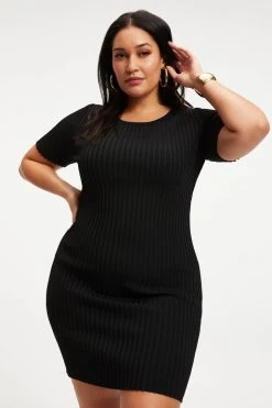 GOOD AMERICAN RIBBED OPEN BACK TEE DRESS | BLACK001