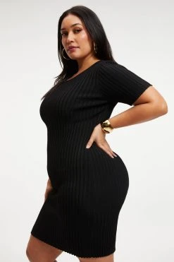GOOD AMERICAN RIBBED OPEN BACK TEE DRESS | BLACK001