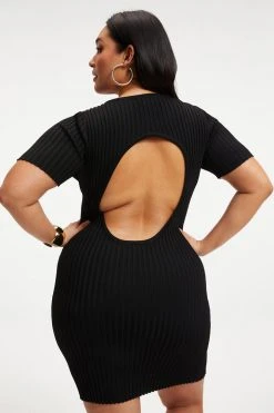 GOOD AMERICAN RIBBED OPEN BACK TEE DRESS | BLACK001