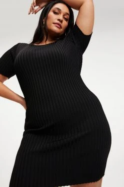 GOOD AMERICAN RIBBED OPEN BACK TEE DRESS | BLACK001