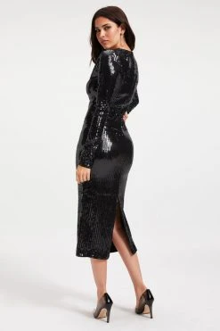 GA-SALE Dresses SEQUIN DEEP V MIDI DRESS | BLACK001
