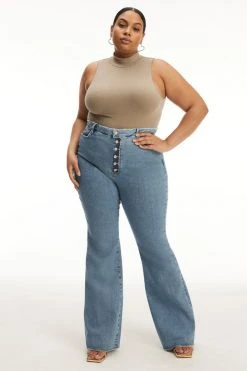 GOOD AMERICAN GOOD FLARE RAW EXPOSED BUTTON | BLUE670 Bootcut & Flare