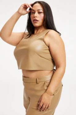 GOOD AMERICAN Tops BETTER THAN LEATHER CROP TOP | WARM CARMEL003