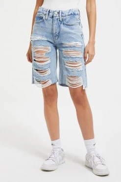 GOOD AMERICAN GOOD '90S BERMUDA EXTREME RIPS | INDIGO296 High Waisted