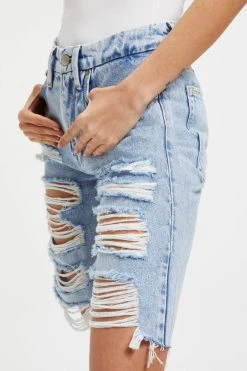 GOOD AMERICAN GOOD '90S BERMUDA EXTREME RIPS | INDIGO296 High Waisted