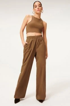 GA-SALE SUEDED TRACK WIDE LEG ZIP PANT | SEPIA001 Leggings & Pants