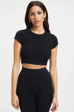 GOOD AMERICAN Tees & Tops TERRY CROP TEE | BLACK001