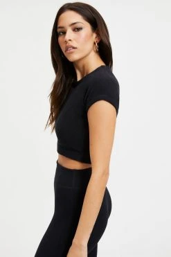GOOD AMERICAN Tees & Tops TERRY CROP TEE | BLACK001