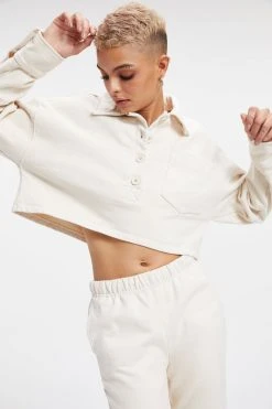 GA-SALE Tops CROPPED FLEECE POLO | BONE001