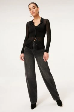 GA-SALE SHEER BUTTON FRONT POLO | BLACK001