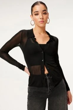 GA-SALE SHEER BUTTON FRONT POLO | BLACK001